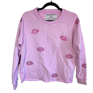 Sunshine Park Pink Lip Print Sweatshirt XS Rhinestone Lips Crewneck Pullover